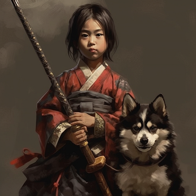 A young Samurai with his dog faithful.