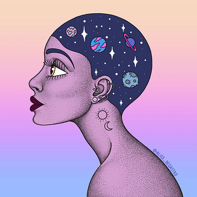 Universe mind art artwork cosmo drawing feminin illustration mind moon planets portrait saturn stars universe woman