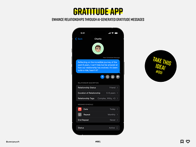 Gratitude app app concept dark mode free gratitude idea ios iphone message mobile ui