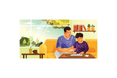 Studying with Dad at Home Illustration learning