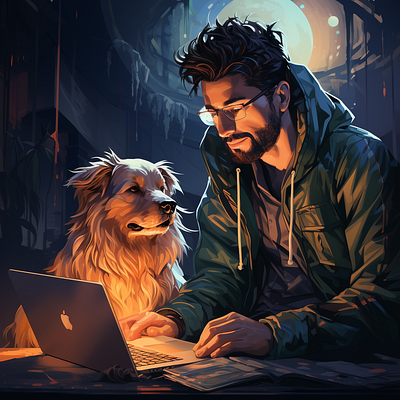 Man with his dog ai generated beautiful branding design dog graphic design illustration laptop logo man orange ui vector