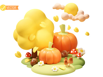 Vector autumn nature illustration 3d acorn agaric autumn design fall fly harvest harvest festival icon illustration indian summer leaf mesh mushroom nature pumpkin vector yellow