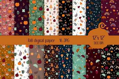 Fall digital paper animal autumn autumn design cartoon character colorful design fall digital paper fall fox fox graphic design halloween decor halloween pumpkin illustration leaf rainbow ranbow digital paper stickers umbrella