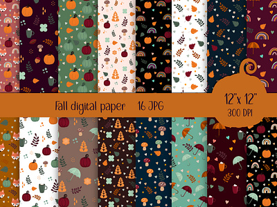 Fall digital paper animal autumn autumn design cartoon character colorful design fall digital paper fall fox fox graphic design halloween decor halloween pumpkin illustration leaf rainbow ranbow digital paper stickers umbrella