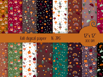 Autumn digital papers animal autumn cartoon character digital papr fall fall digital paper fall fox forest fox graphic design illustration leaf mushroom pumpkin rainbow stickers thanksgiving thanksgiving digital paper umbrella