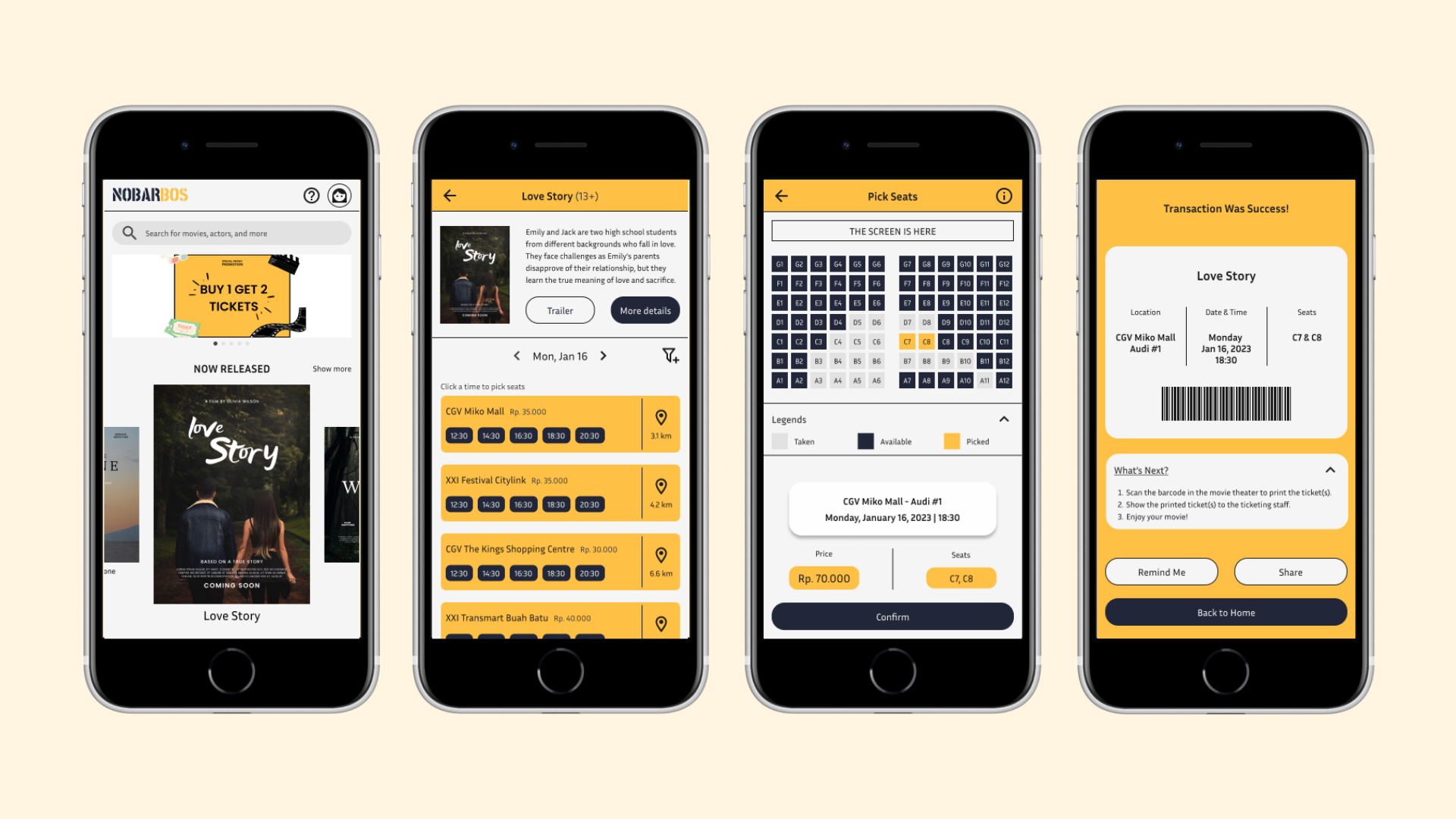 NobarBos - Movie Ticketing Mobile App 🎬 mobile app mockup ui ui design ux design ux research wireframe