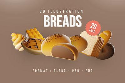 Breads - 3D Illustration Pack 3d 3d blender 3d food 3d icon bakery blender bread bread 3d icon breads breads 3d illustrations ui ux