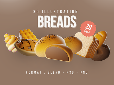 Breads - 3D Illustration Pack 3d 3d blender 3d food 3d icon bakery blender bread bread 3d icon breads breads 3d illustrations ui ux