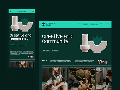 Grabah - Art Studio (Responsive Hero) aesthetic ceramic elegant green green combo hero landing page layout logo minimalist mobile ui navbar product design responsive ui design user interface