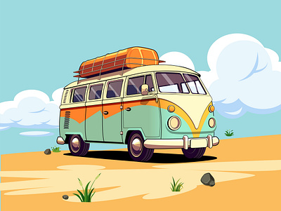 Vintage Bus beach bus colorful desert illustration lanscape sky summer summer vibes vintage bus