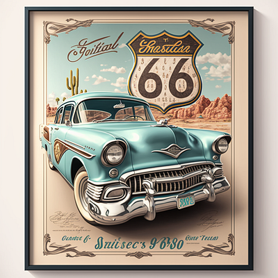 1950's poster of Route 66 with a classic American speedster collectible.