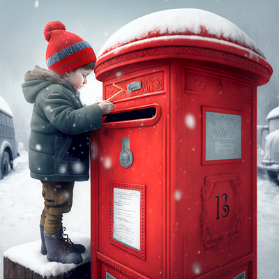 Cute Young Boy Posting a Christmas Card in a Postbox greetings.