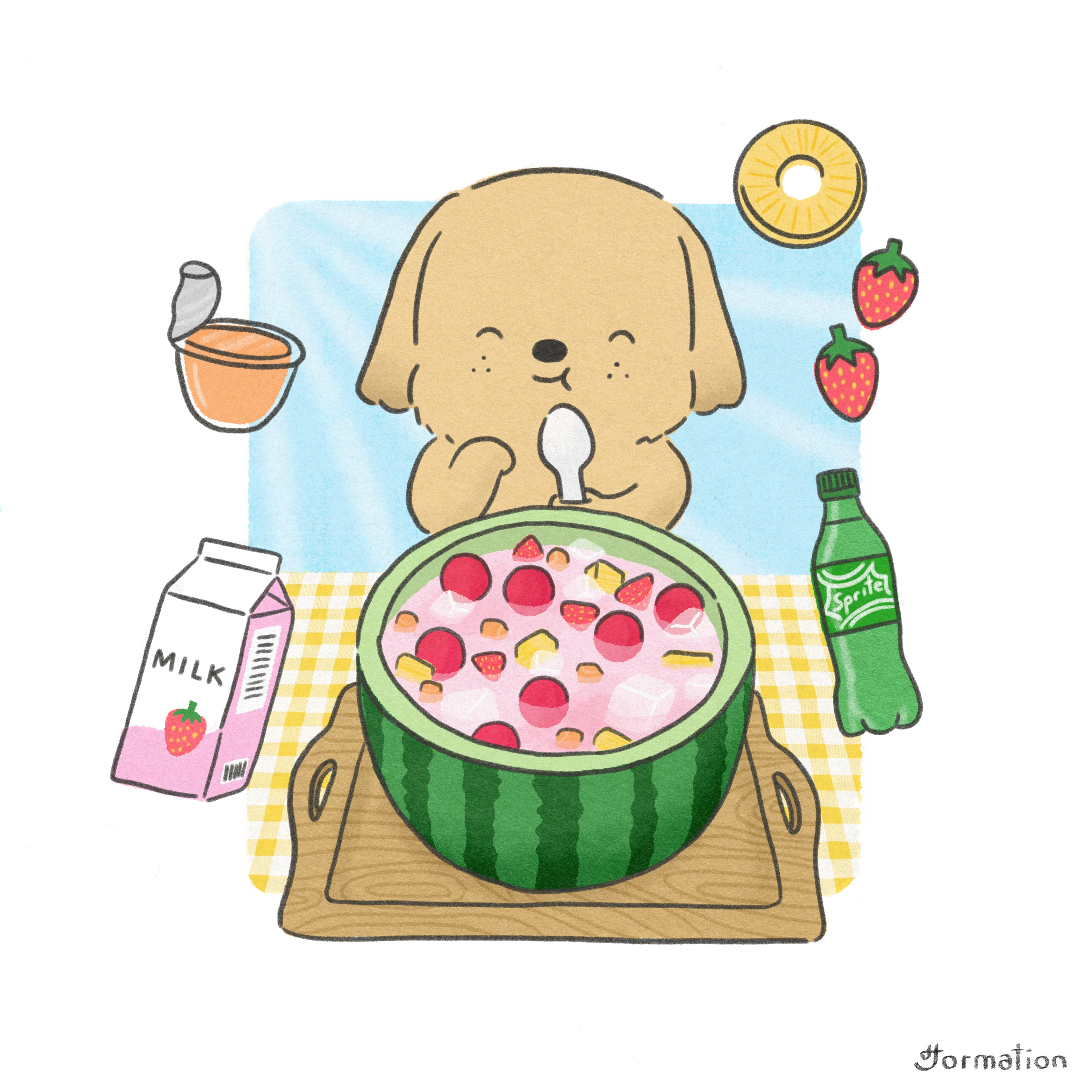 Subak Hwachae - Korean Watermelon Punch cartoon dessert digital art digital illustration dog drawing fruit hwachae illustration korean milk procreate puppy subak hwachae summer watermelon watermelon punch イラスト