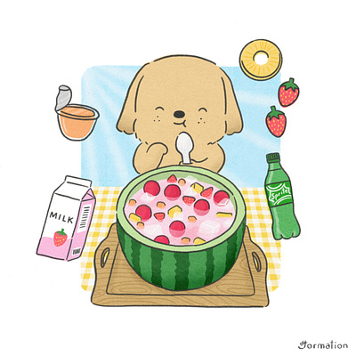 Subak Hwachae - Korean Watermelon Punch cartoon dessert digital art digital illustration dog drawing fruit hwachae illustration korean milk procreate puppy subak hwachae summer watermelon watermelon punch イラスト