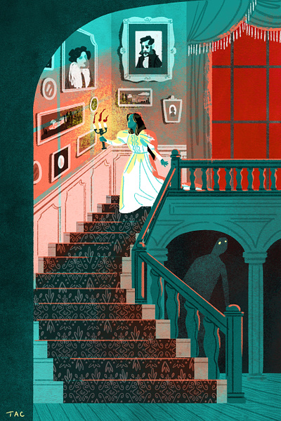 Under The Stairs candlelight creepy frames demon ghost gothic home interior gothic house haunted hallway haunted house illustration spooky staircase stairs victorian gothic walking down stairs