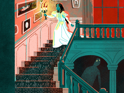 Under The Stairs candlelight creepy frames demon ghost gothic home interior gothic house haunted hallway haunted house illustration spooky staircase stairs victorian gothic walking down stairs