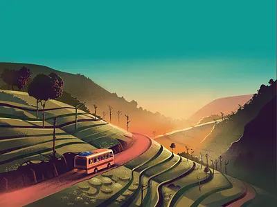 Bus Ride & Tea Garden bus ride calm illustration india kerala landscapes local bus munnar outdoor road trip scenic series story tea garden