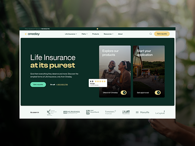 Oneday - Insurance Company Website Design banner branding design figma gold green header insurance landing page ui ux web design website website design