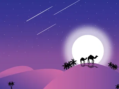 illustrator night desert scene camels coconut trees graphic design illustration metiors moon