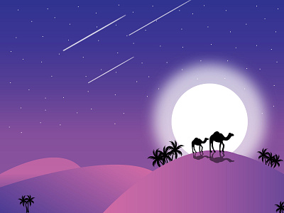 illustrator night desert scene camels coconut trees graphic design illustration metiors moon