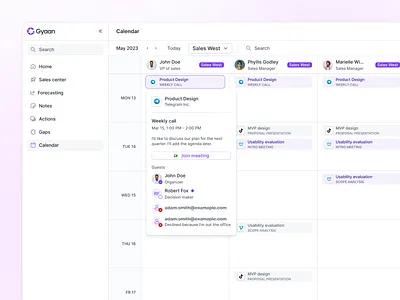 Gyaan - Calendar calendar popover crm details events meeting details meetings saas saas calendar saas crm semiflat sidebar team calendar ui ux