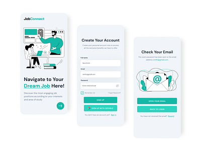 Job Connect - Mobile App - Create Your Account 👩🏻‍💻 app create an account design dream email illustration ios job login minimalism registration research ui ux work