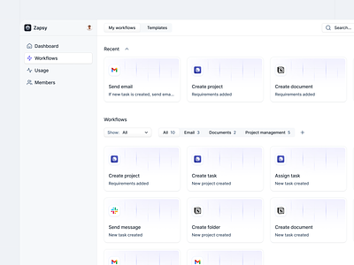 Zapsy - Workflows dashboard ai cards dashboard filters gradient gradient pattern list pattern saas saas dashboard saas pattern saas workflow sidebar tabs ui ux workflows workflows list