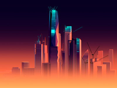 Towers city cityscape futur illustration light neon night retro skyscrapers