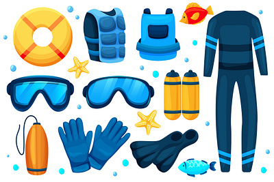 scuba diving illustration set undersea