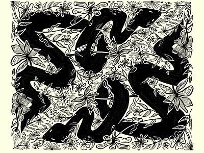 Black Snakes in Flowers black and white floral illustration line art moody art procreate snake snake art snake illustration symmetry