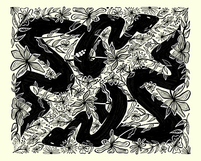 Black Snakes in Flowers black and white floral illustration line art moody art procreate snake snake art snake illustration symmetry