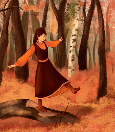 Little lady in the autumn forest graphic design illustration
