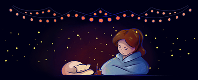 Girl and cat under a garland | Banner graphic design illustration