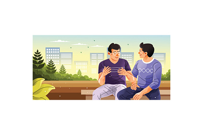 Two People Talking in City Park Illustration art