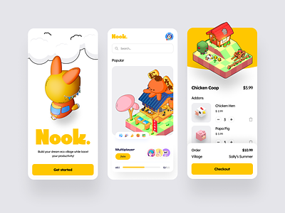 🐔 Nook. App - #VisualExploration 3d 3d art 3d illustration app app design application bold cute 3d cute art game gaming illustration ios microtransactions mobile orenji ui ui design ux vibrant