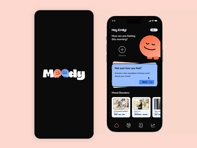 Moody | An interactive mood-tracking app animation app appdesign appinspo calmapp dailyui design designinspo figma figmadesign healthandwellness homepage homescreen microinteractions moodtracking productdesign ui uiux wellnessapp