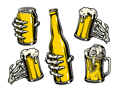 Skeleton Hand Holding Beer set - Hand drawn alcohol artwork beer branding collection design drawing graphic design illustration logo print set skeleton hand skull tattoo vector
