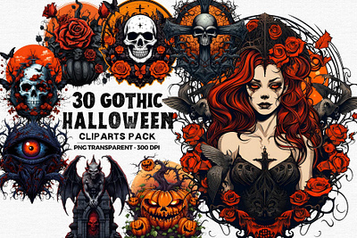 30 Gothic Halloween Clipart clipart cute eps gothic halloween horror illustration invitation midcentury monsters png transparent pumpkins retro scary skull sublimation svg t shirt vector vintage