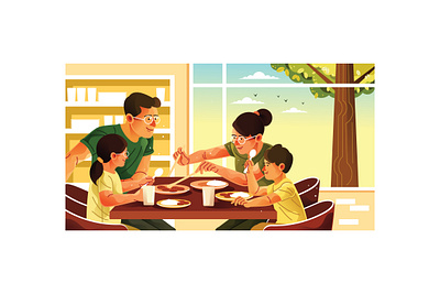 Family Sitting Around Dining Table Illustration eating