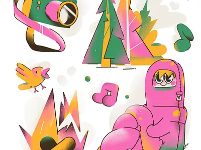 Camping background bird camera camping character concept design enjoy fire flat forest good time illustration moment music rest sleeping bag summer tent vacation