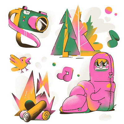 Camping background bird camera camping character concept design enjoy fire flat forest good time illustration moment music rest sleeping bag summer tent vacation