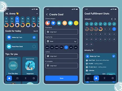 Improver - Goals App, Meditation , Calendar Goals calendar card figma form goal goals app improve iosapp meditation mobile app design mobile ui planner to do app ui uiuxdesign