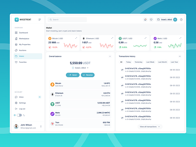 Wallet | Crypto Real Estate balance bitcoin crypto dashboard ethereum investing kpi matic product design product designer real estate sergushkin token tokens transactions history usd usdt wallet web 3 web 3.0