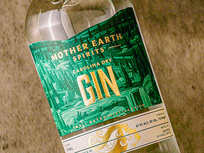 Mother Earth Spirits NC Gin 2d bottle digital painting distillery dry forest gin illustration label landscape liquor package packaging procreate retro spirit trees wpa