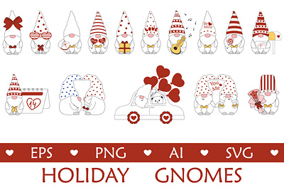 Gnome character illustrations for Valentine's Day prints