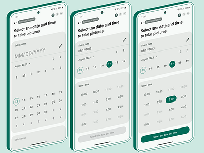 Book a taking pictures - Select the date book booking date picker material design mobile step ui ux