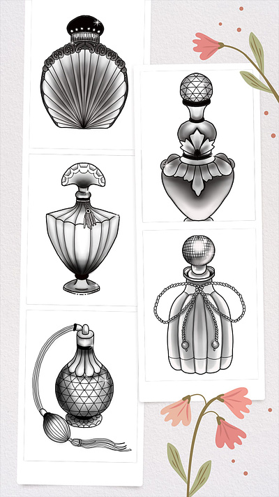 Vintage perfume bottles. bottles design digital digitalart drawing flash floral perfume shading tattoo vintage