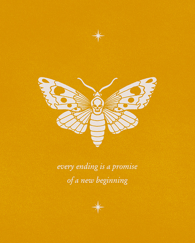 Every Ending Is A Promise Of A New Beginning art prints butterfly design graphic design illustration minimal minimalist art moth quote yellow