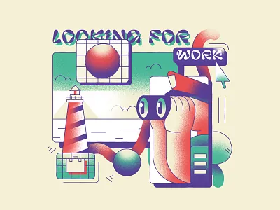 Looking for work! 90s colors graphic design illustration lighthouse looking for work minimal noise retro sea simple