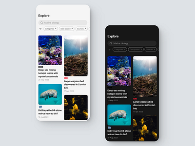 Search results page for a news app clean layout darkmode design dynamic cards elegant search page engaging filters intuitive navigation minimalist interface news app design readability focused ui search search bar interaction search results search results ui ui uidesign user centric search ux uxdesign visual hierarchy